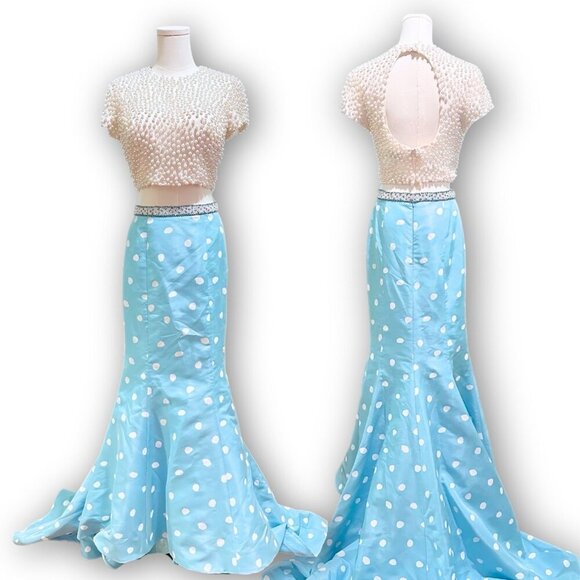 Sherri Hill Two Piece Prom Dress sz 6 Mermaid Light Blue White32226 Retro Formal - Picture 4 of 16